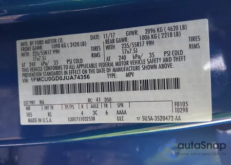 2018 Ford Escape Se from USA, damaged, VIN 1FMCU0GD0JUA74356